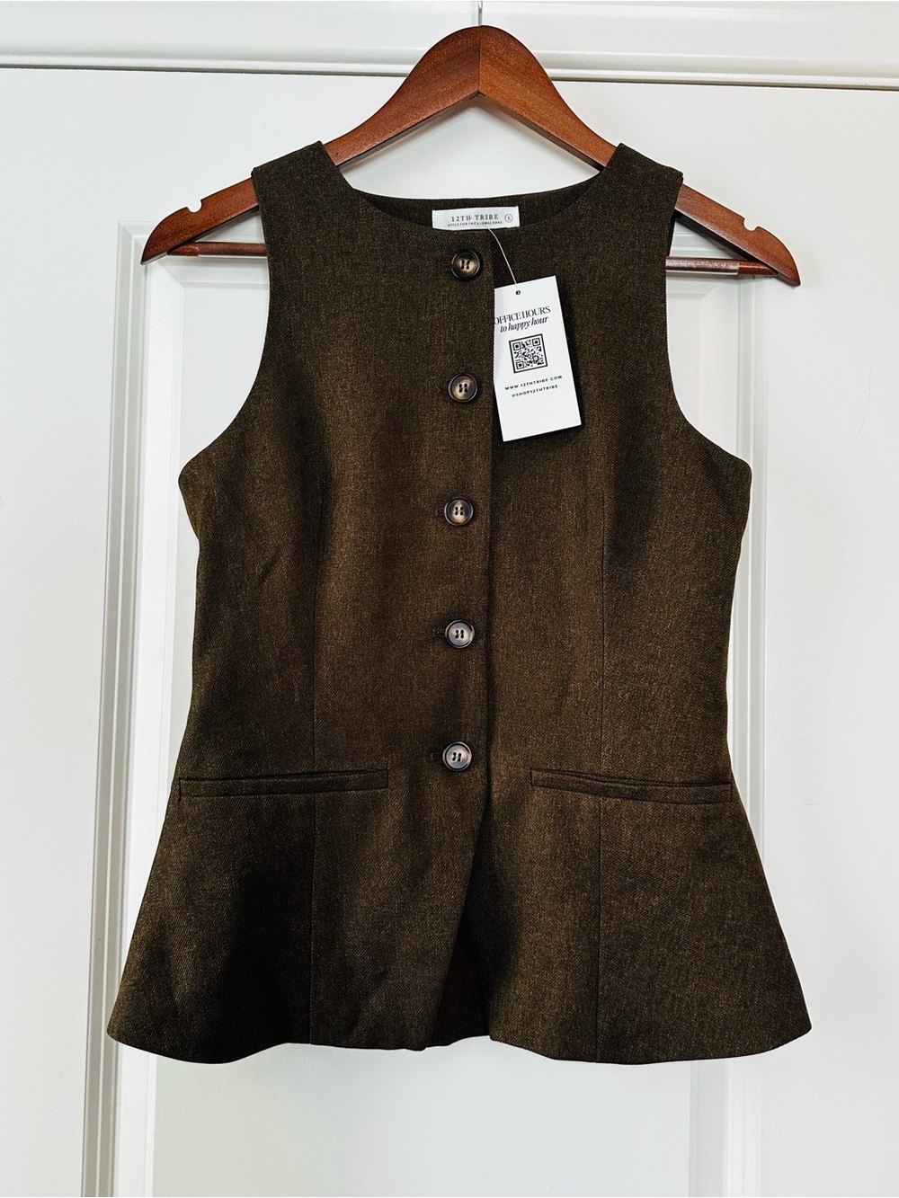 12th Tribe Brown Sleeveless Button-Front Peplum Vest